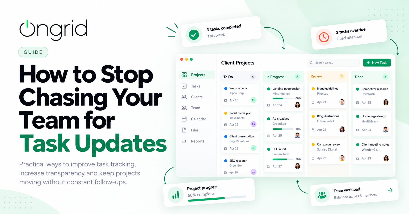 Task tracking for teams with a project board showing task statuses, deadlines, and progress.